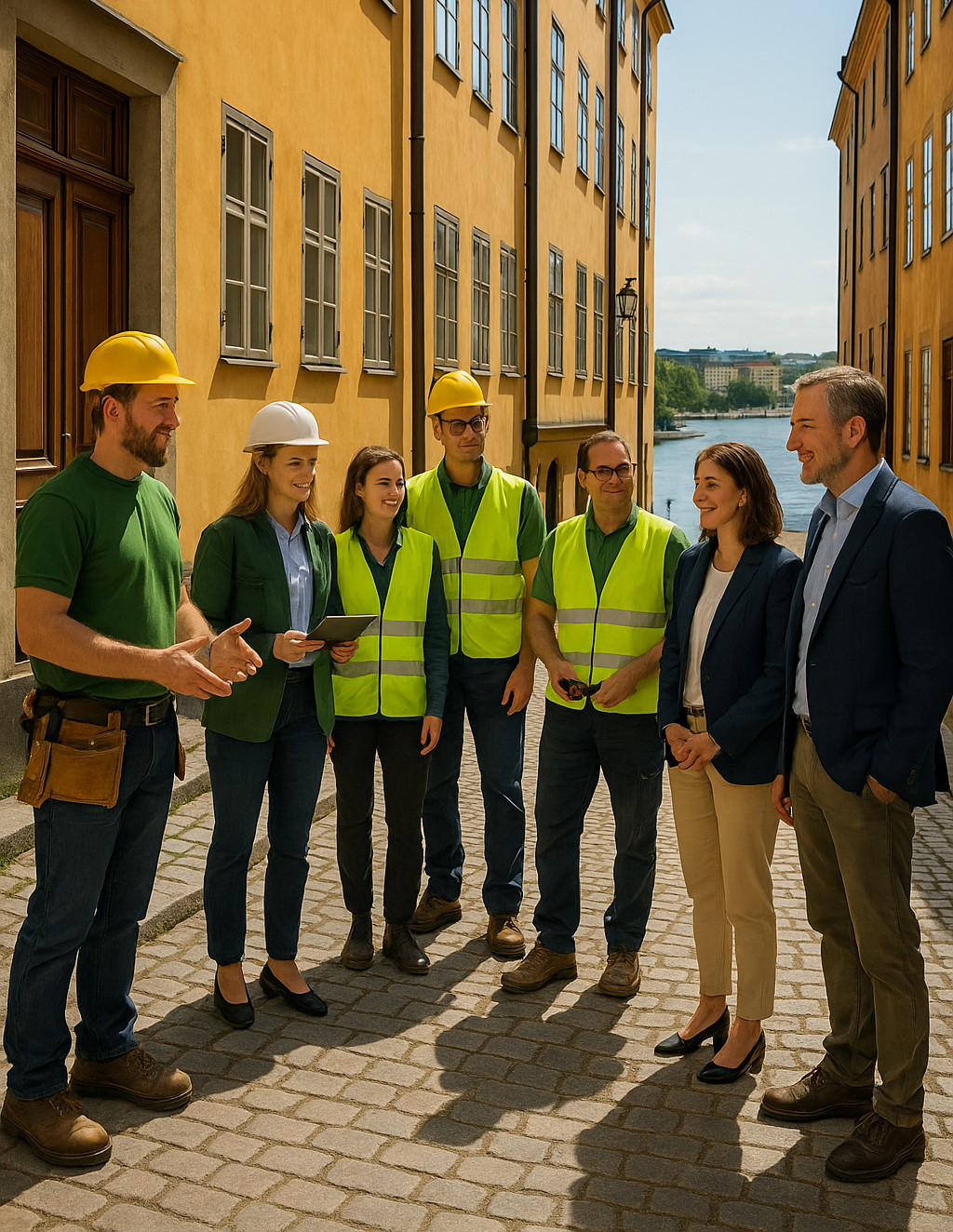 Team samtalar med kunder utomhus