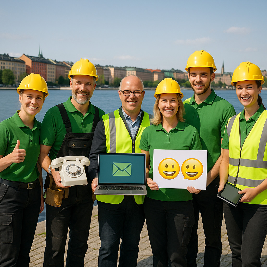 Teamet står utomhus och visar kontaktvägar